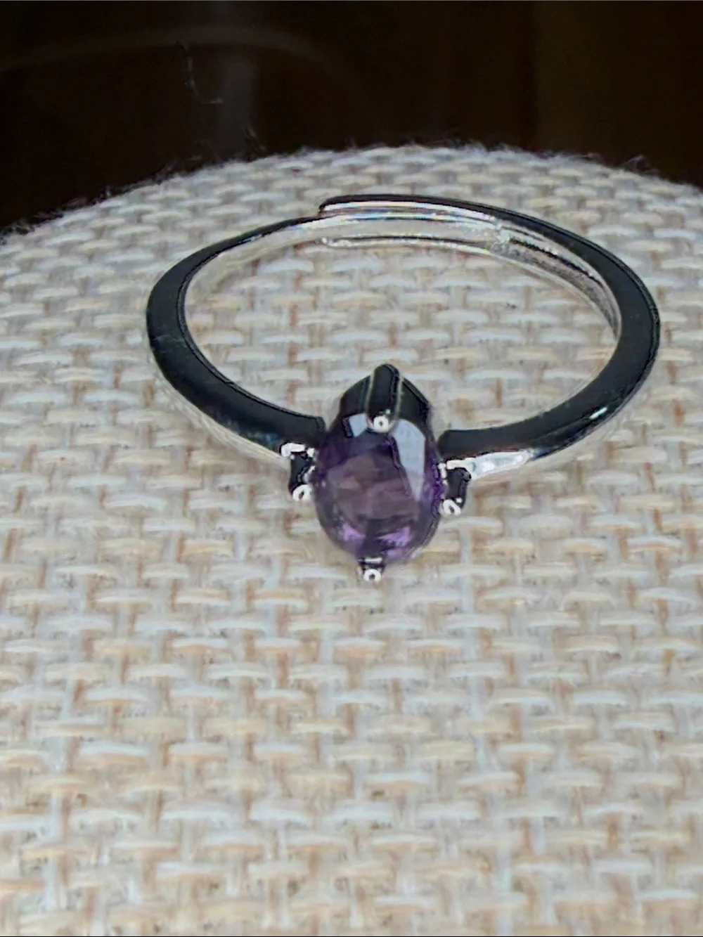 Silvertone Amethyst Solitaire Ring - Sz 7 adjustable